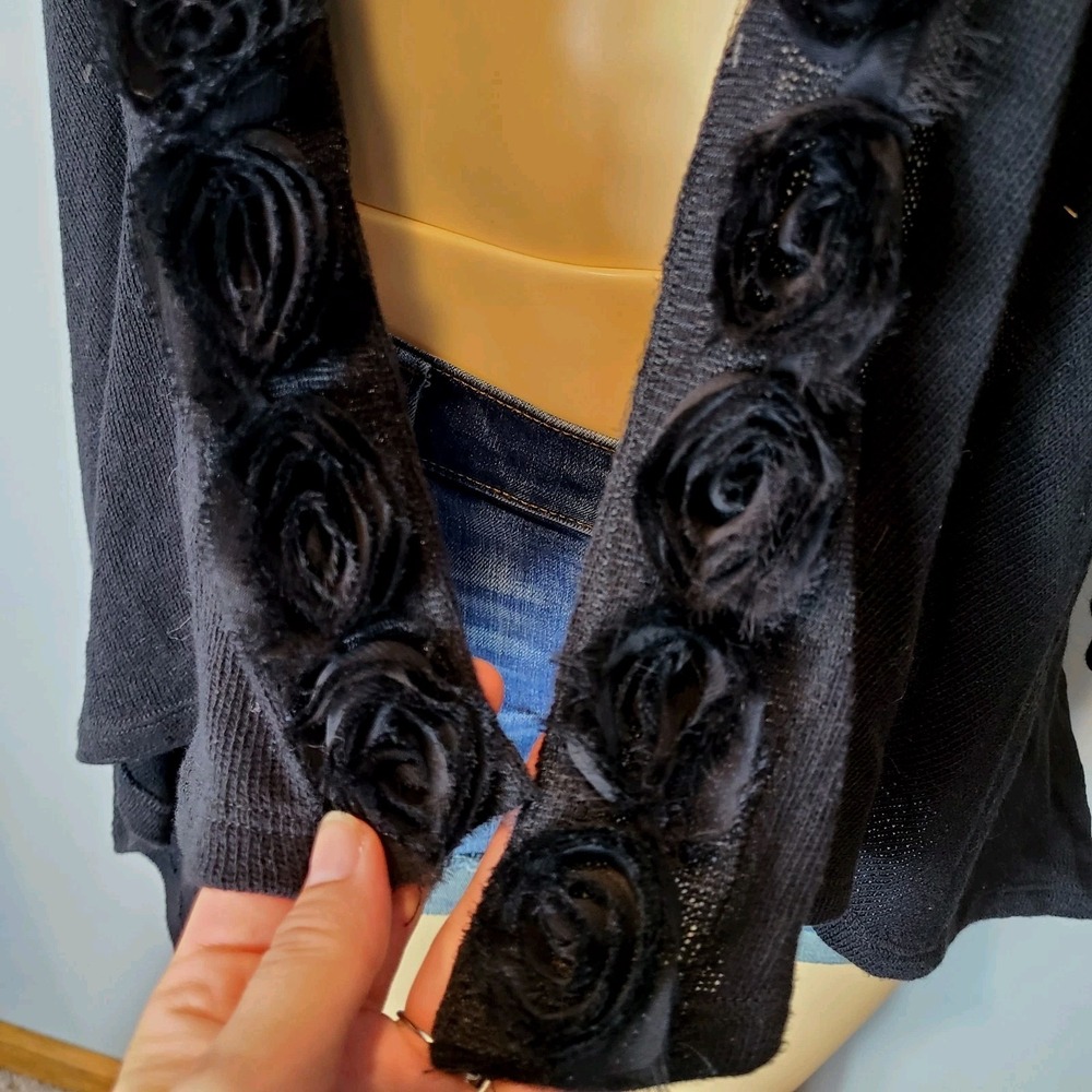 Vtg Y2K Rampage Cardi Sweater Women XS Black Tie Front Buffy Goth Rose Romance - Picture 6 of 9